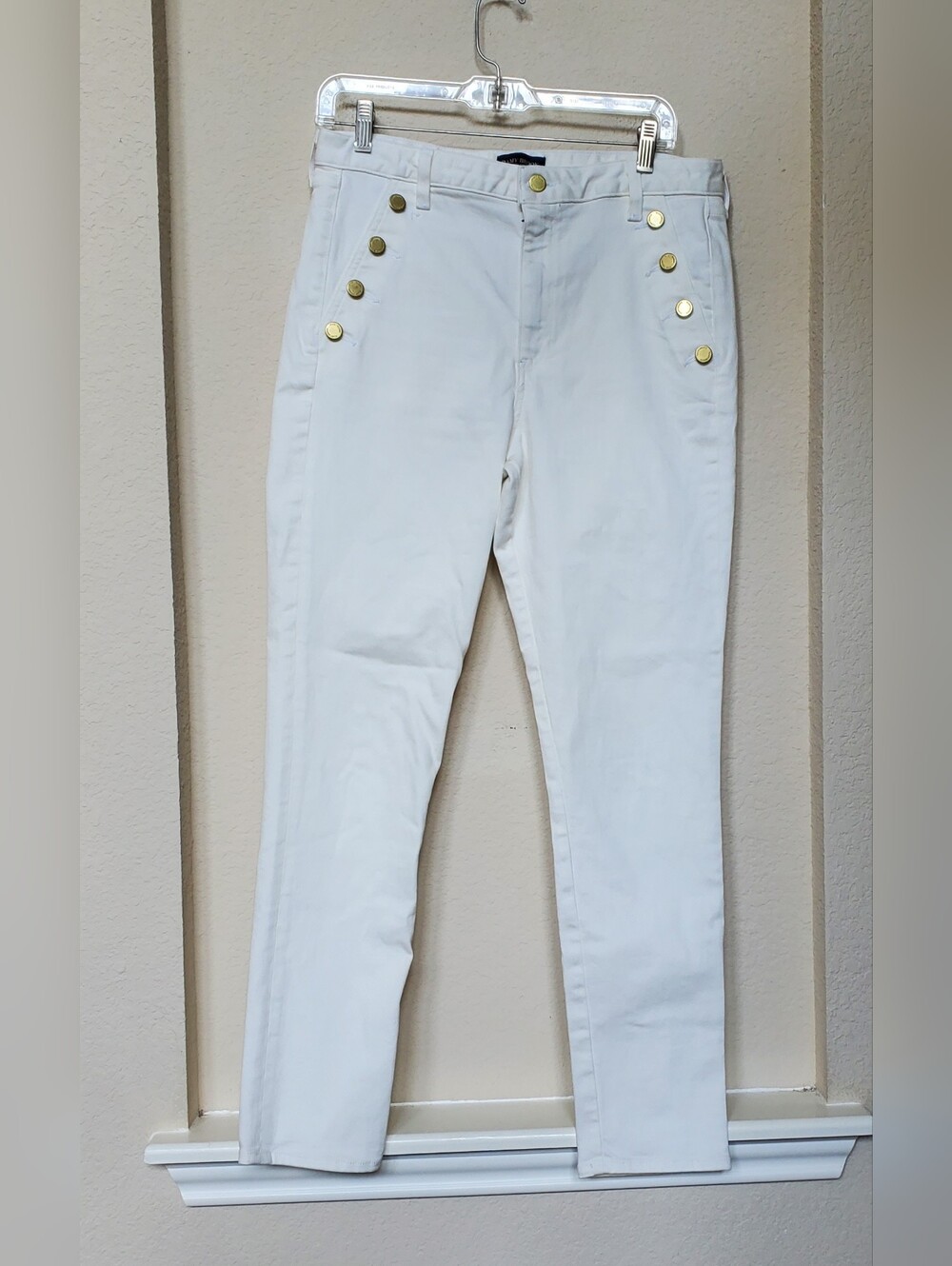 Ramy Brook Ivory Denim with Gold Logo Military Style Buttons. Size 30